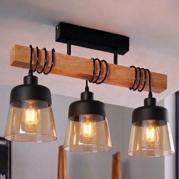 BRILAGI - Pinnapealne lühter WOOD GLASS 3xE27/60W/230V mänd/must/suitsune pruun