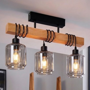 BRILAGI - pinnapealne lühter WOOD GLASS 3xE27/60W/230V männipuit/must/suitsune beež