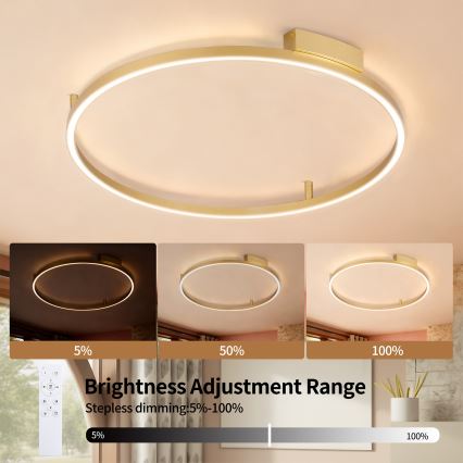 Brilagi - LED hämardatav laelamp PORTOFINO, 60 W, 230 V, 3000–6000 K, läbimõõt 80 cm, kuldne + kaugjuhtimispult