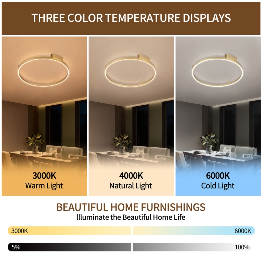 Brilagi - LED hämardatav laelamp PORTOFINO, 60 W, 230 V, 3000–6000 K, läbimõõt 80 cm, kuldne + kaugjuhtimispult