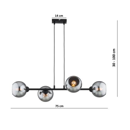 Brilagi - Ripatslühter juhtmega DIOR 4xE27/60W/230V must/suitsuhall