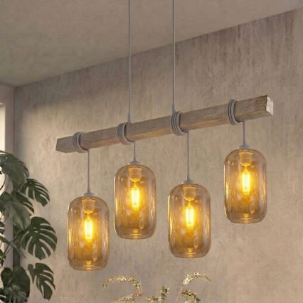 BRILAGI - Rippvalgusti kaabliga WOOD GLASS 4xE27/60W/230V mänd/hall/suitsuhall
