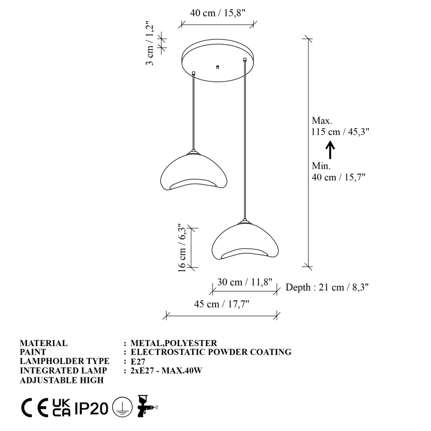 Brilagi - Ripplamp kaabliga WABI SABI 2xE27/40W/230V, läbimõõt 45 cm, valge