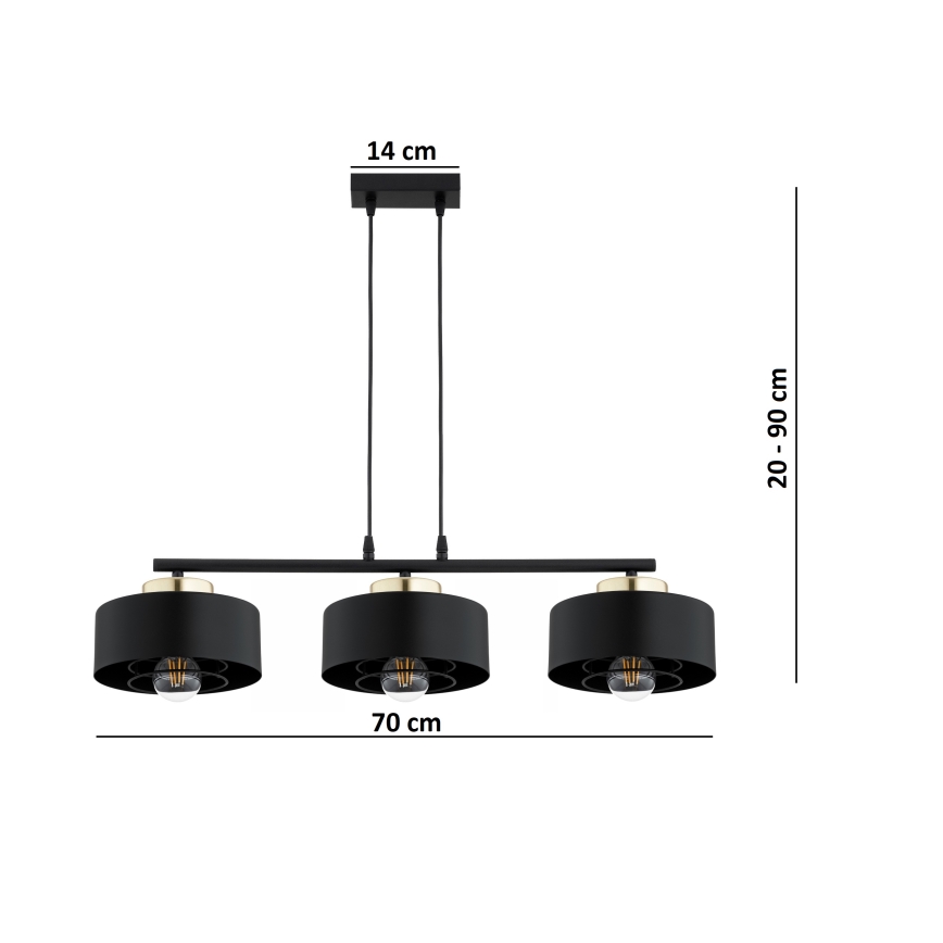 Brilagi - Ripplühter kaabliga SPRING 3xE27/60W/230V must/kuldne