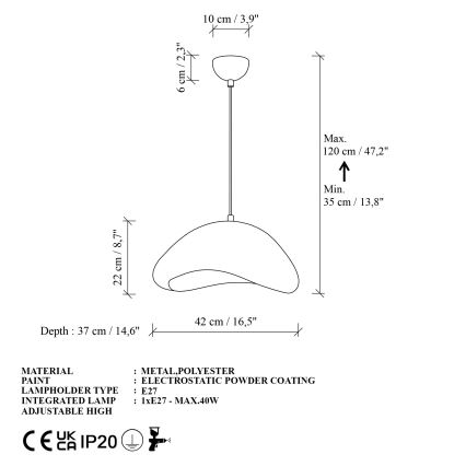 Brilagi - Ripplühter kaabliga WABI SABI 1xE27/40W/230V Ø 42 cm valge