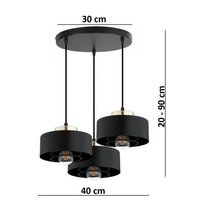 Brilagi - Ripplühter kaablil SPRING 3xE27/60W/230V must/kuldne