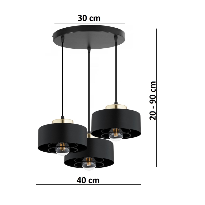 Brilagi - Ripplühter kaablil SPRING 3xE27/60W/230V must/kuldne