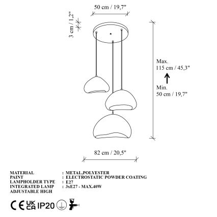 Brilagi - Ripplühter kaablil WABI SABI 3xE27/40W/230V, läbimõõt 82 cm, valge