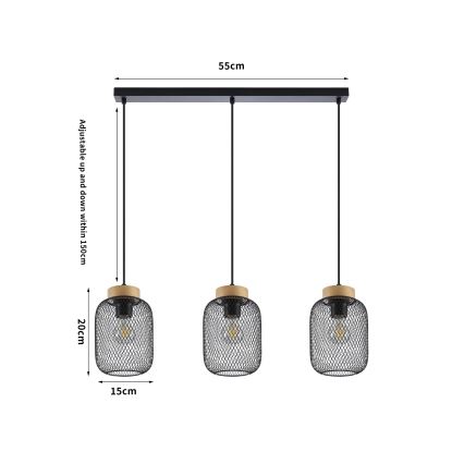 Brilagi - Rippvalgusti kaabliga BASKLITE 3xE27/15W/230V kautšukipuu/must