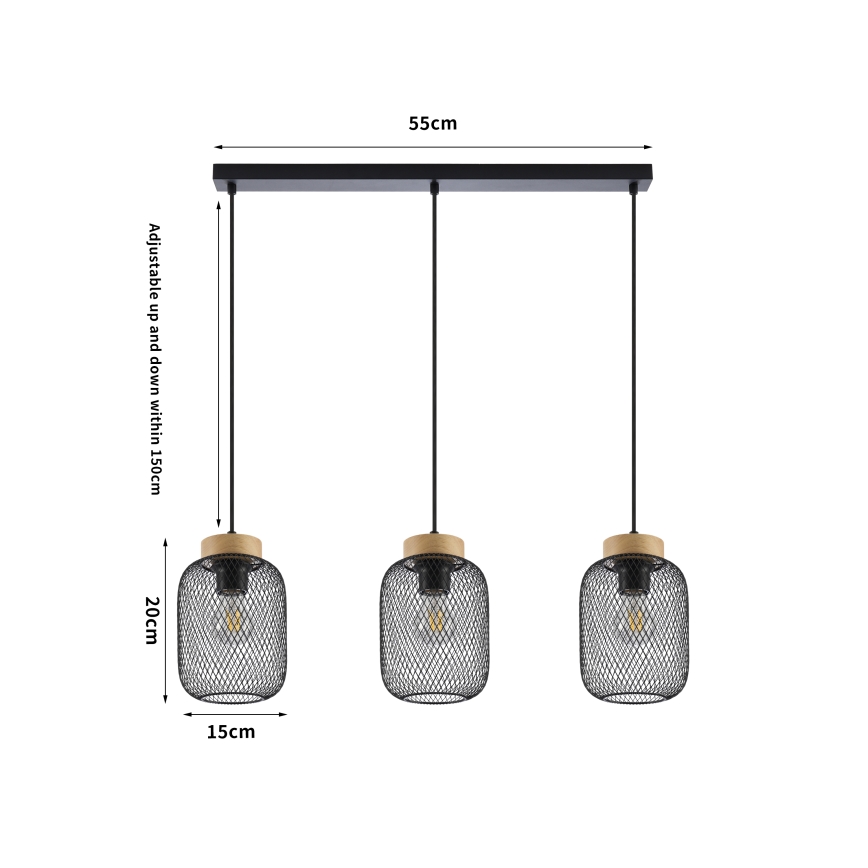 Brilagi - Rippvalgusti kaabliga BASKLITE 3xE27/15W/230V kautšukipuu/must