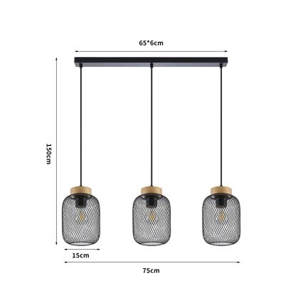 Brilagi - Rippvalgusti kaabliga BASKLITE 3xE27/15W/230V puit/must