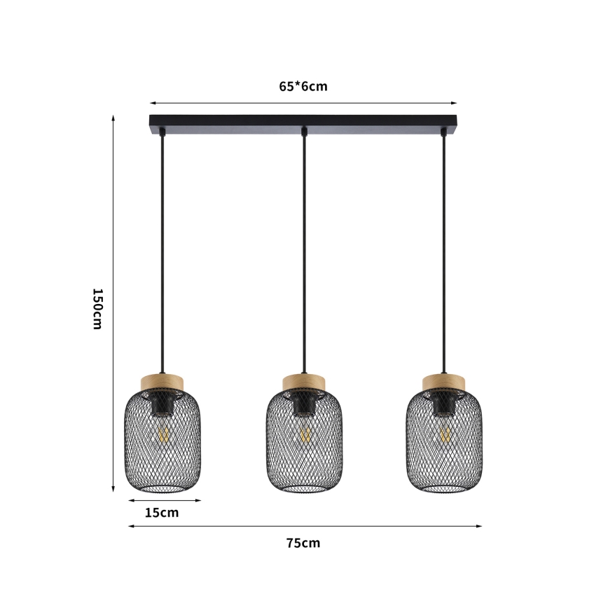 Brilagi - Rippvalgusti kaabliga BASKLITE 3xE27/15W/230V puit/must
