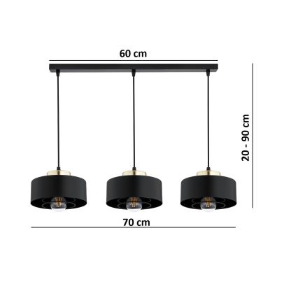 Brilagi - rippvalgusti kaabliga SPRING 3xE27/60W/230V must/kuldne