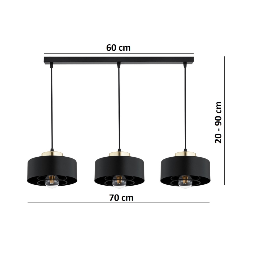 Brilagi - rippvalgusti kaabliga SPRING 3xE27/60W/230V must/kuldne