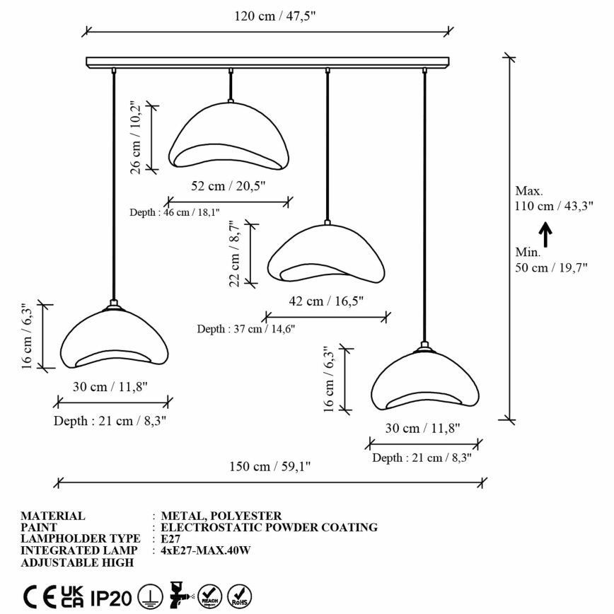 Brilagi - rippvalgusti kaabliga WABI SABI 4xE27/40W/230V valge