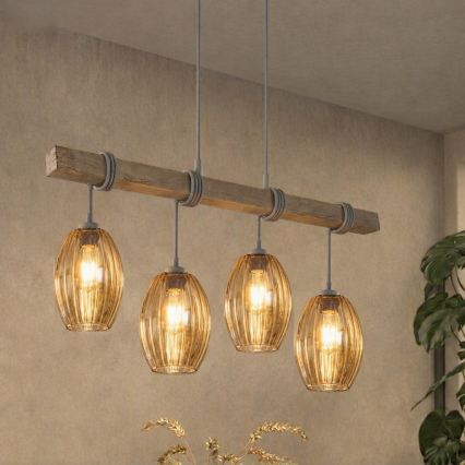 BRILAGI - Rippvalgusti kaabliga WOOD GLASS 4xE27/60W/230V männipuit/hall/suitsune pruun