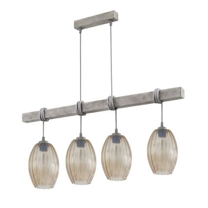 BRILAGI - Rippvalgusti kaabliga WOOD GLASS 4xE27/60W/230V männipuit/hall/suitsune pruun