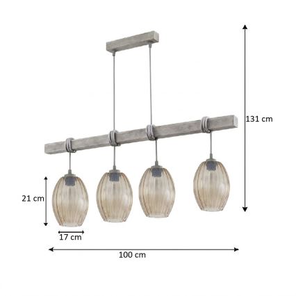 BRILAGI - Rippvalgusti kaabliga WOOD GLASS 4xE27/60W/230V männipuit/hall/suitsune pruun