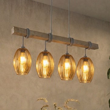 BRILAGI - Rippvalgusti kaabliga WOOD GLASS 4xE27/60W/230V männipuit/hall/suitsune pruun