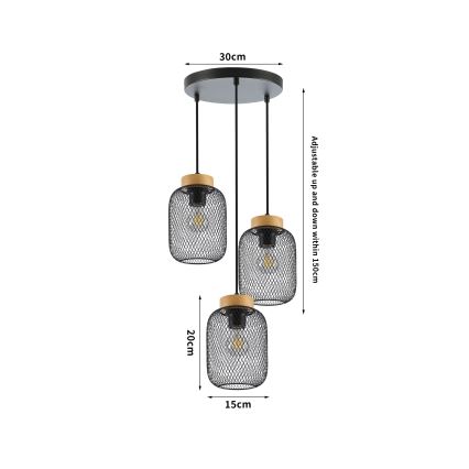 Brilagi - Rippvalgusti kaablil BASKLITE 3xE27/15W/230V kummipuu/must