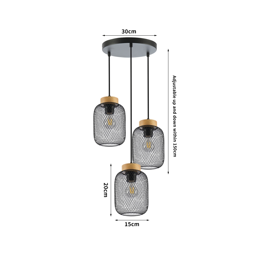 Brilagi - Rippvalgusti kaablil BASKLITE 3xE27/15W/230V kummipuu/must