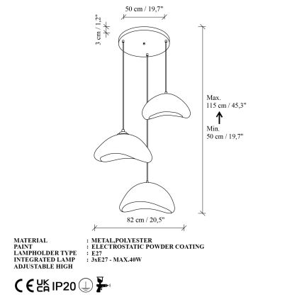 Brilagi - Rippvalgusti LUNA 3xE27/40W/230V läbimõõt 82 cm valge