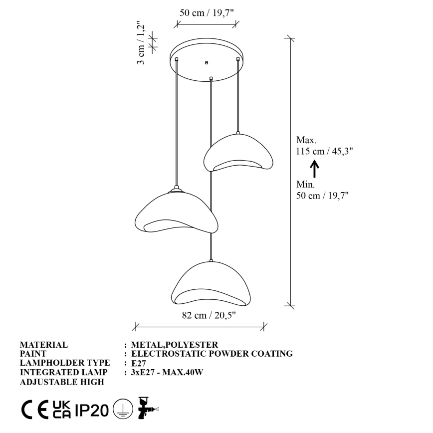 Brilagi - Rippvalgusti LUNA 3xE27/40W/230V läbimõõt 82 cm valge