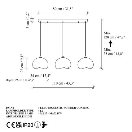 Brilagi - rippvalgusti YONTU kaabliga 3xE27/40W/230V valge