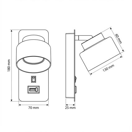 Brilagi - Seinavalgusti USB-pordiga AURA LUX 1xGX53/30W/230V must/suitsune