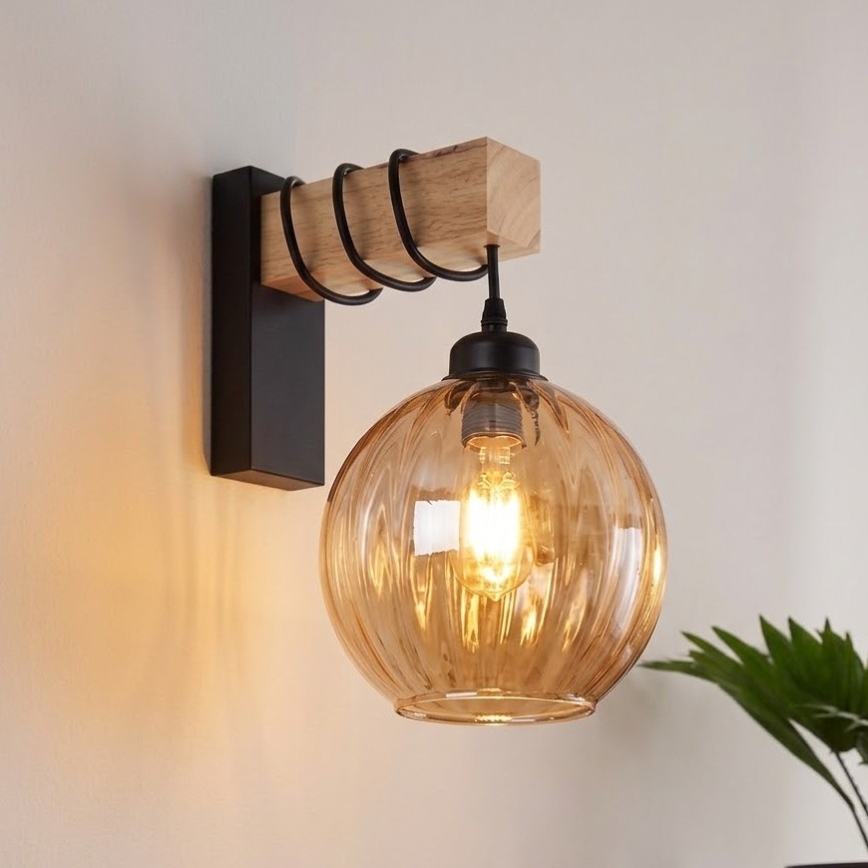 BRILAGI - Seinavalgusti WOOD GLASS 1xE27/60W/230V mänd/must/suitsupruun