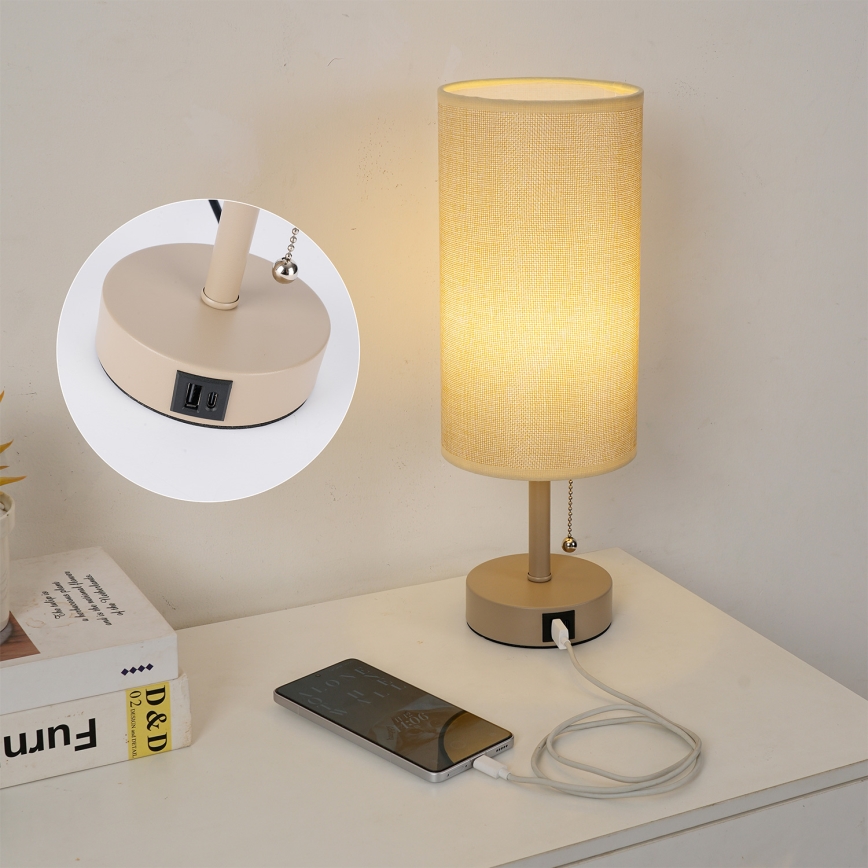 Brilagi TABLON laualamp USB-pordiga 1xE27/25W/230V beež
