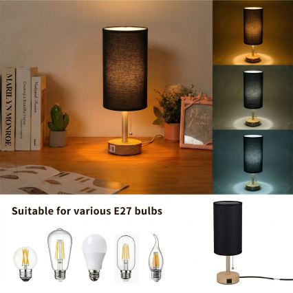 Brilagi - TABLON lauvalamp USB-pordiga 1xE27/25W/230V tamm/beež/must