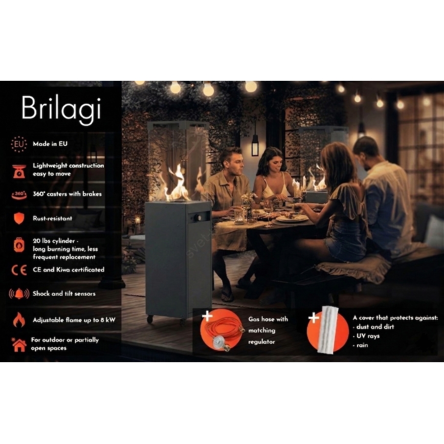 Brilagi - Väline gaasikamin FLARO GAS 142x36 cm 8kW 1xAAA must + kaitsekate