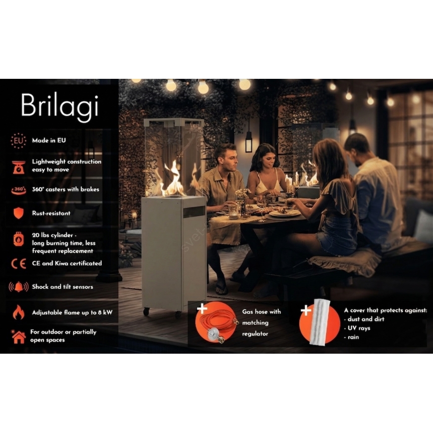 Brilagi - Välistingimustes kasutatav gaasikamin FLARO GAS 142x36 cm 8kW 1xAAA hall + kaitsekate