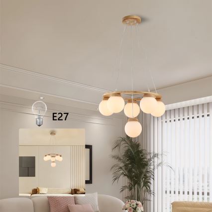 Brilagi - VISBY WOOD rippvalgusti kaablil 6xE27/60W/230V Ø 58 cm, puidust