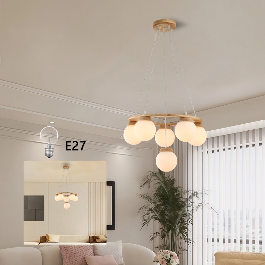 Brilagi - VISBY WOOD rippvalgusti kaablil 6xE27/60W/230V Ø 58 cm, puidust