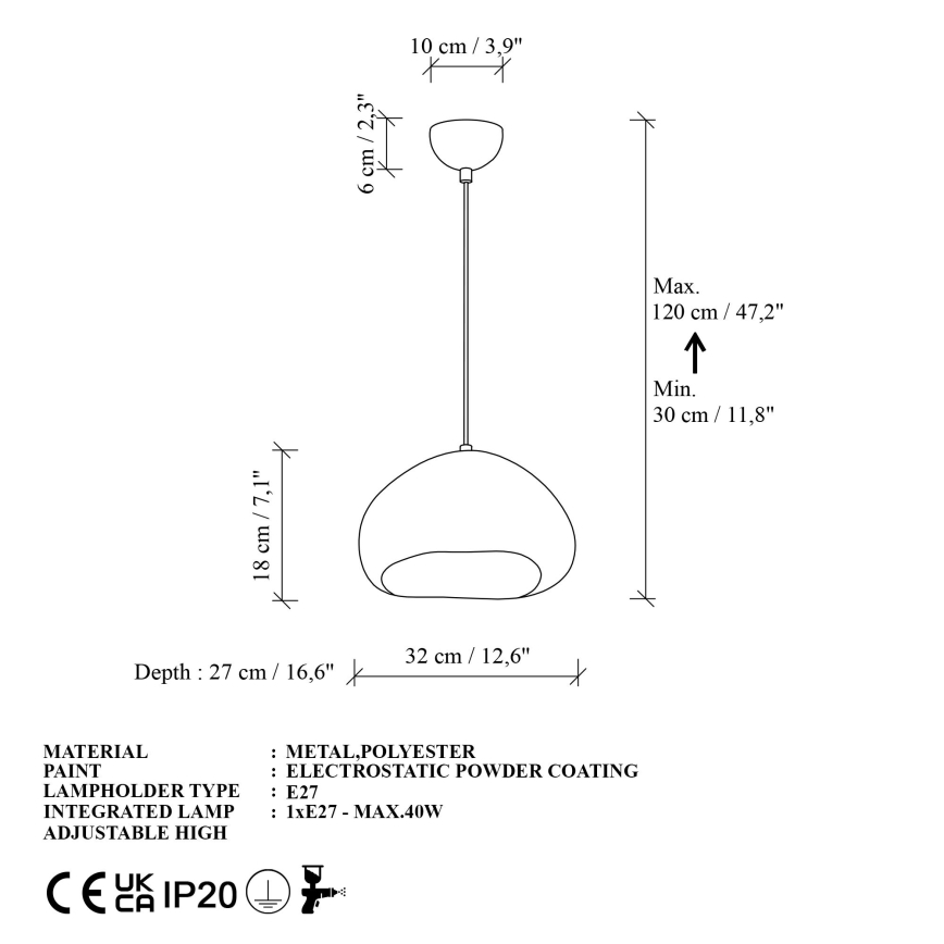 Brilagi - WABI SABI rippvalgusti kaablil 1x E27/40 W/230 V, läbimõõt 32 cm, valge