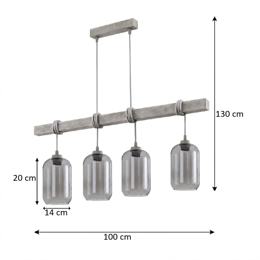 BRILAGI - Kaabliga riputatav lühter WOOD GLASS 4xE27/60W/230V mänd/hall/suitsuhall