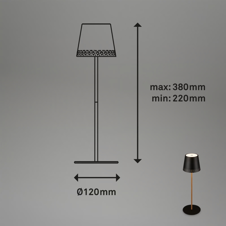 Brilo - KIKI LED hämardatav laetav puutekontrolliga väljas kasutatav laualamp, 2,6W/5V, IP44, 2600 mAh, must