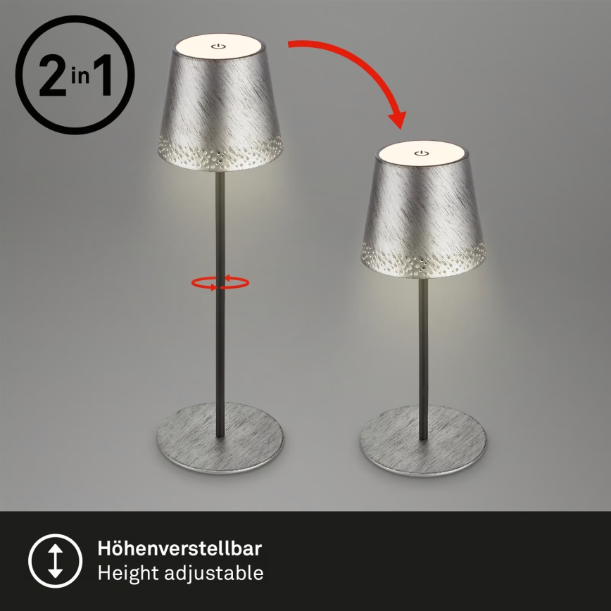 Brilo - laetav hämardatav puutejuhtimisega välitingimustes lauavalgusti KIKI LED/2,6W/5V IP44 2600 mAh hõbedane
