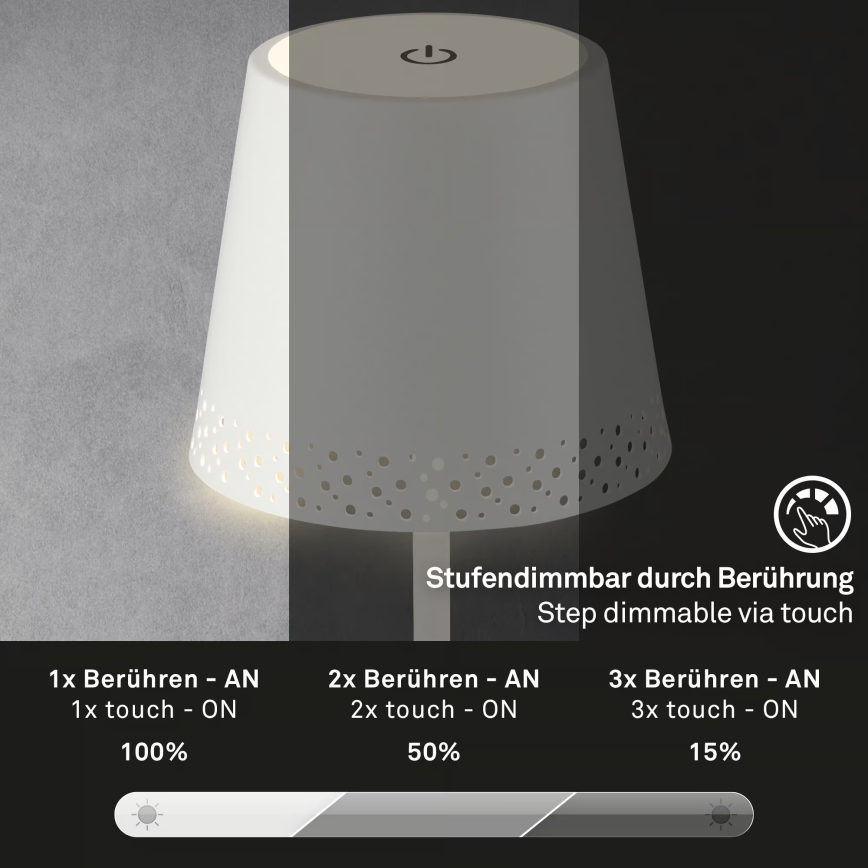 Brilo - hämardatav laetav puutetundlik välislaualamp KIKI LED/2,6W/5V IP44 2600 mAh valge
