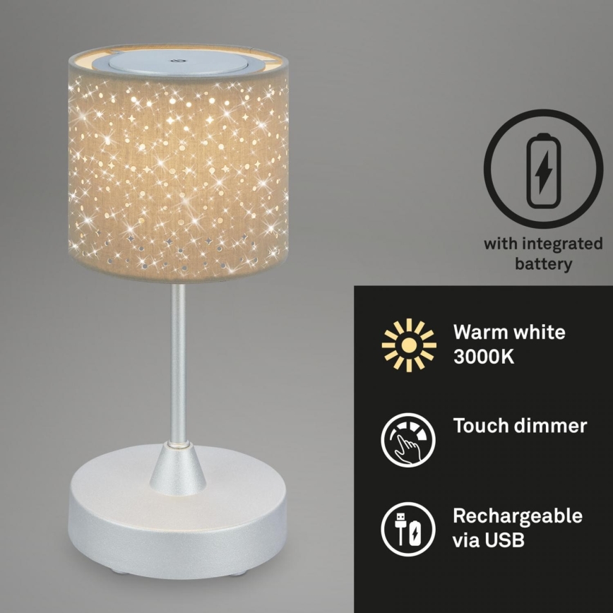 Brilo - LED reguleeritav laetav välistingimustes kasutatav lauavalgusti LOLE LED/3W/5V 2000mAh IP44 hõbedane/beez