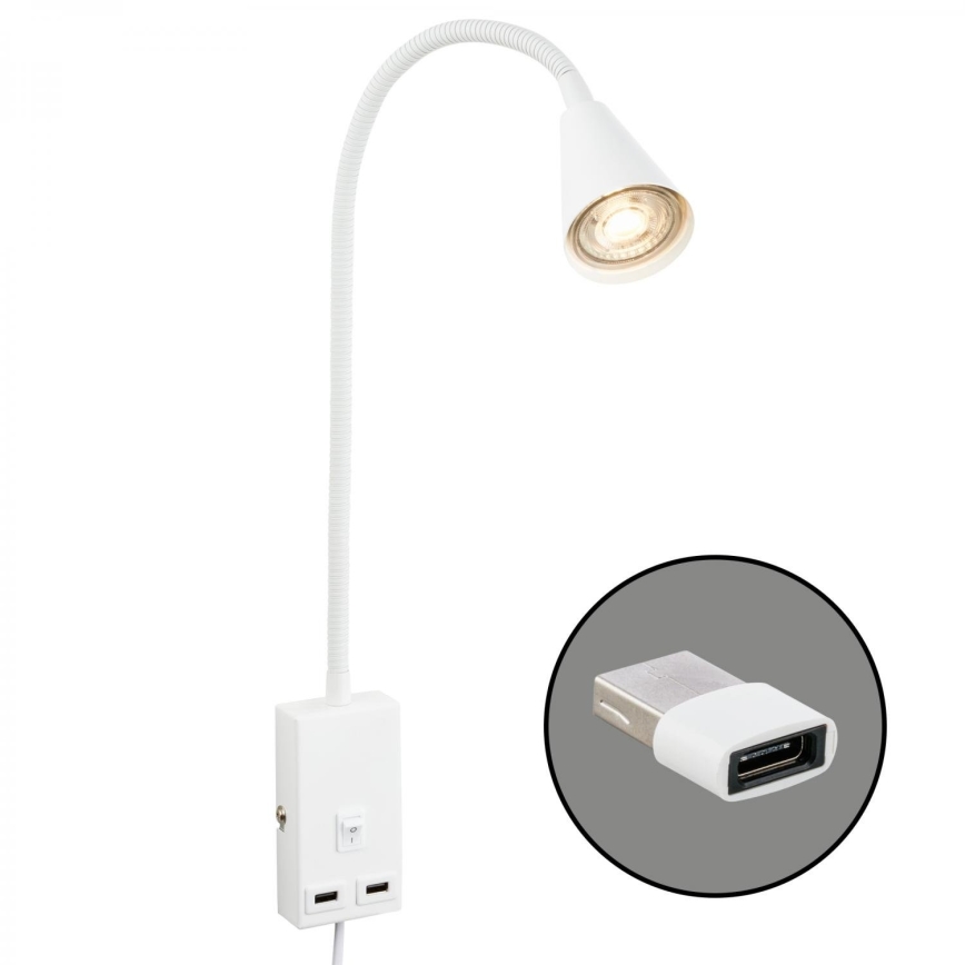 Briloner 2175-016 - Paindlik seinavalgusti USB-pordiga 1xGU10/10W/230V valge