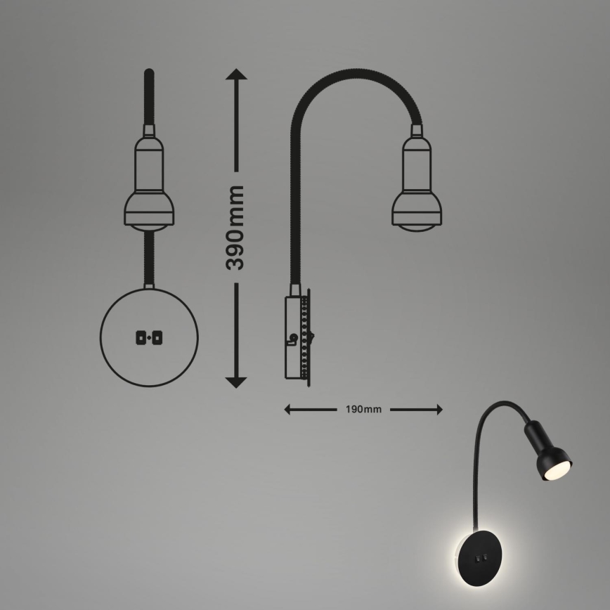 Briloner 2178015 - LED Hämardatav paindlik seinalamp 1xE14/10W/230V + LED/3W must