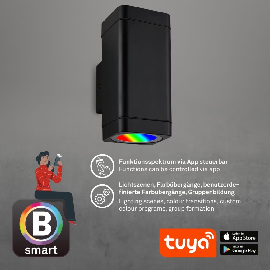 Briloner 3675-025 - LED RGBW Hämardatav väli seinavalgusti 2xLED/8,5W/230V 3000-6500K Wi-Fi Tuya IP44 must