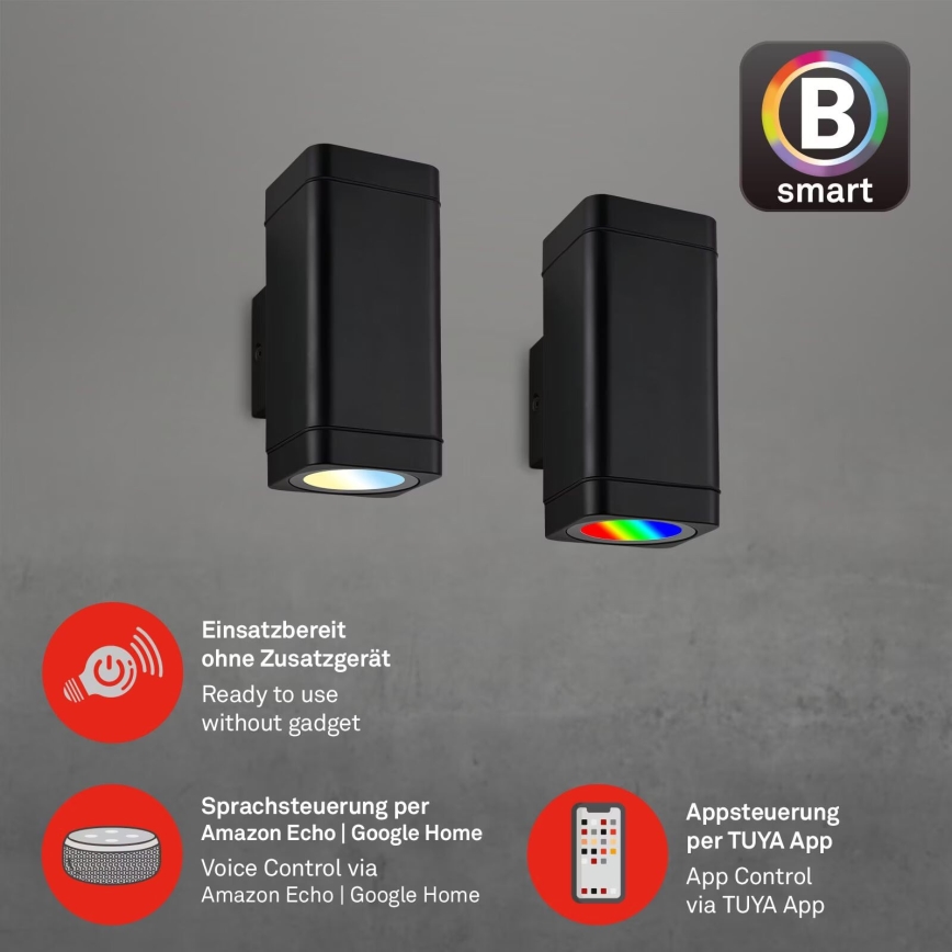 Briloner 3675-025 - LED RGBW Hämardatav väli seinavalgusti 2xLED/8,5W/230V 3000-6500K Wi-Fi Tuya IP44 must