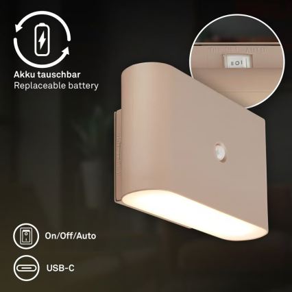 Briloner 3878011 - LED-laetav seinavalgusti liikumis- ja hämarussensoriga CHAT LED/3W/5V 2000 mAh beež