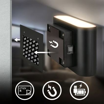 Briloner 3878015 - LED laetav seinavalgusti liikumis- ja hämarussensoriga CHAT LED/3W/5V 2000 mAh must