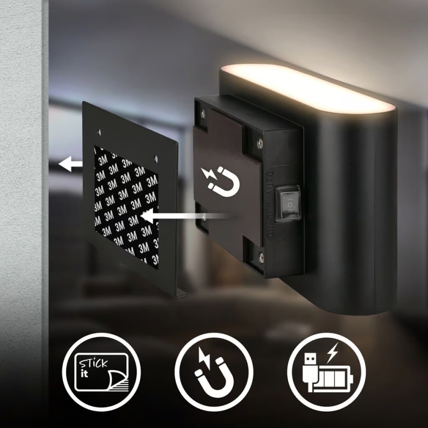 Briloner 3878015 - LED laetav seinavalgusti liikumis- ja hämarussensoriga CHAT LED/3W/5V 2000 mAh must