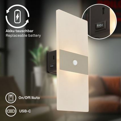 Briloner 3888012 - laetav LED-seinavalgusti AURA, liikumis- ja hämarussensoriga, LED 2,5 W/5 V, 1800 mAh, mattkroom